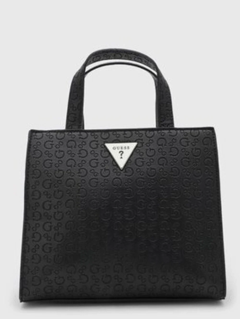 GUESS Black Embossed Logo Tote with Triangle Emblem